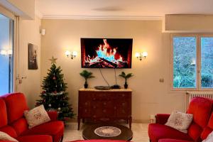 a living room with a christmas tree and a tv at Clos de la Gare in Tournan-en-Brie