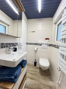 een witte badkamer met een wastafel en een toilet bij Ferienwohnung und -haus am Rennsteig bei Eisenach - Angela Jaentsch in Wolfsburg-Unkeroda