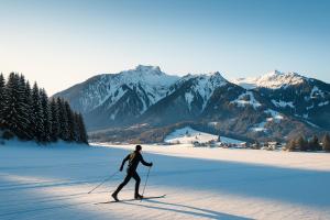 a person on skis in the snow with mountains in the background at Lechappart in Hofen