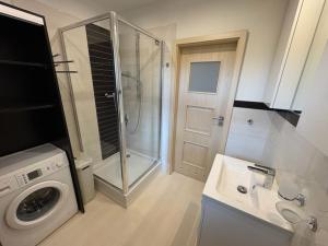 a bathroom with a shower and a sink and a washing machine at Apartament przy szpitalu CZMP Łódź in Łódź