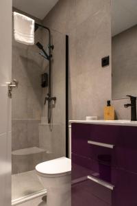 un baño con inodoro y ducha en Apartamentos Baños, 6 CAROLA, en Linares