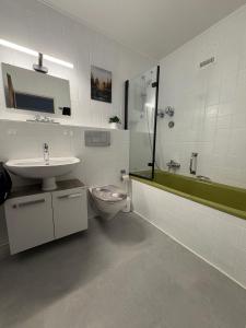 Un baño con lavabo, inodoro y ducha. en Familienauszeit mit Indoorpool, Sauna, Netflix, Disney, 50-100 MBit Internet inkl Bettwäsche Handtücher Reinigung, en Missen-Wilhams