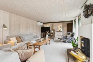 Feriehus 1140 في سوندرفيغ: غرفة معيشة مع أريكة ومدفأة