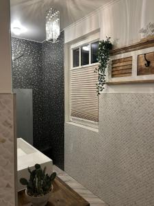 een badkamer met een wastafel en een raam bij Haus Maria am Meer in Göhren +21 foto's