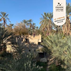 a building in the middle of a field with palm trees at Sahara Lounge in Tozeur