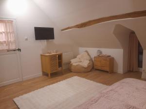 a bedroom with a bed and a tv and a chair at La Maison Arc-en-ciel in Brigueuil-le-Chantre