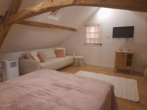 a bedroom with a bed and a couch and a tv at La Maison Arc-en-ciel in Brigueuil-le-Chantre