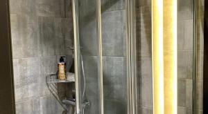 a shower with a glass door in a bathroom at Aspen - Airport & City Access in Dublin
