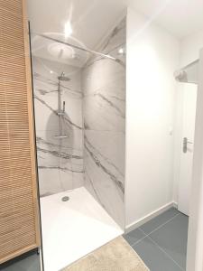 Les Dunes - Calme et Sérénité à 5 min de la Plage en voiture في Biville-sur-Mer: دش في الحمام بجدران بيضاء +14 صورة