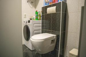 un bagno con WC e lavatrice di 111 Spot Apartment a Prizren
