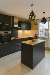 une grande cuisine avec des placards noirs et un comptoir dans l'établissement Maison Chardonnerets - Poitiers, à Biard 11 autres photos