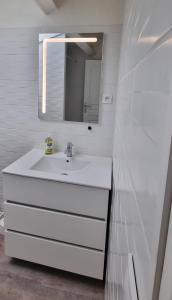 Un baño blanco con lavabo y espejo. en Maison proche Grand Parc 2 Chambres, en Mauléon