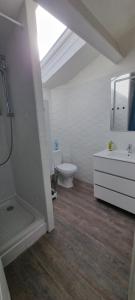 Un baño blanco con inodoro y lavabo. en Maison proche Grand Parc 2 Chambres, en Mauléon