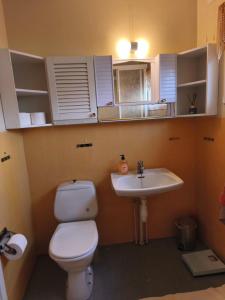 a bathroom with a toilet and a sink at Room with Midnight-sun and Norhern-light View in Vestvågøya +42 photos