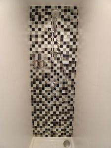 eine Dusche mit einer schwarz-weiß gefliesten Wand in der Unterkunft Escapade Champêtre in Saint-Martin-en-Bière