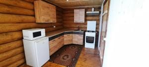 a kitchen in a log cabin with a stove and microwave at Гукливчик in Huklyvyy