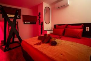 ein rotes Schlafzimmer mit einem großen Bett mit roten Kissen in der Unterkunft Le Confidentiel - Le Refuge de vos Désirs secrets in Sélestat