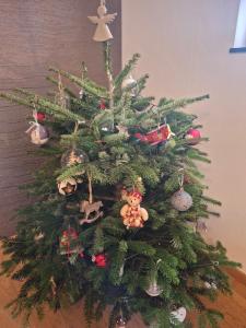 a christmas tree with christmas ornaments on it at B&B Caprice d'Epices in Francorchamps
