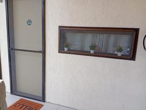 a window with three potted plants on a wall at Monte Castelo Flat Temporada in Bezerros +55 photos