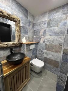 un baño con lavabo e inodoro en Maison confortable avec vue sur la mer à Le Diamant, 48 m², en Le Diamant