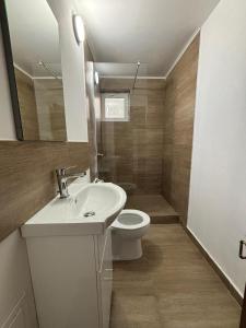 ein Badezimmer mit Waschbecken, Toilette und Spiegel in der Unterkunft La Costel Rânca in Baia de Fier