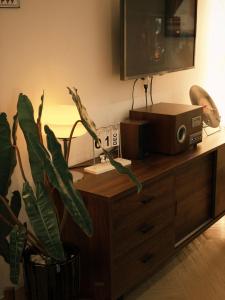 a wooden dresser with a television and a plant on it at TM Homestay Trung Tâm Phan Thiết 2 in Phan Thiet