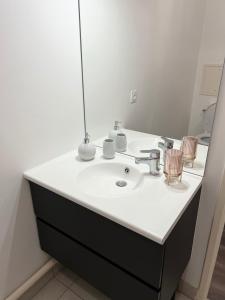 Un baño con un lavabo blanco y un espejo. en Studio moderne à 10 minutes de Paris avec jardin privé, en Romainville