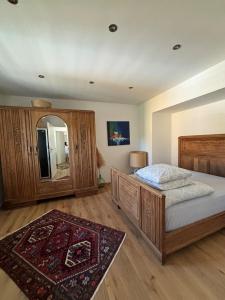 a bedroom with a large bed and a mirror at Spacious house next Kirchberg-Centre with parking in Luxembourg