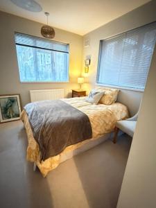 1 dormitorio con 1 cama, 1 silla y 2 ventanas en A beautiful stylish home in city centre, en Camberley