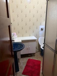 a bathroom with a blue sink and a toilet at Recanto da Vovó in Campos do Jordão +31 photos