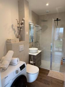 a bathroom with a shower and a washing machine at Le Ptit Cocon Disneyland 10 min in Coupvray +27 photos