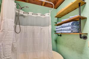 Peaceful Mountain Cabin with Views in Williamsburg في ويليامزبرغ: حمام مع ستارة دش وبعض المناشف +17 صورة