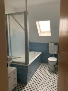 Un baño con ducha, inodoro y lavabo. en Central cozy 2-room apartment, en Bad Bellingen 9 fotos más