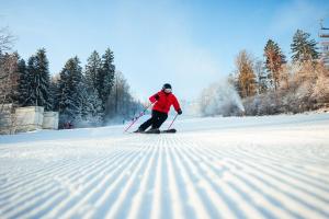 a person in a red jacket skiing in the snow at Hotel Monínec - Depandance Nová Javorka in Moninec