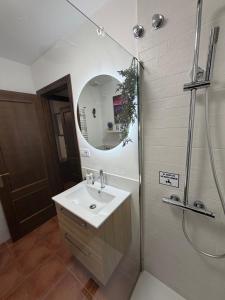 un bagno con lavandino e doccia con specchio di Casa Rural Grazalema a Grazalema