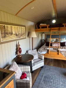 Acorn Hideaway في كانتربيري: غرفة معيشة صغيرة مع سرير وأريكة