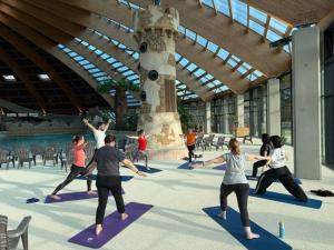 多尔德布列塔尼Mobile Homes by KelAir at Camping Domaine des Ormes的一群人在一座建筑里做瑜伽