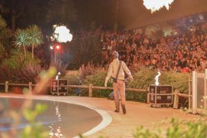 多尔德布列塔尼Mobile Homes by KelAir at Camping Domaine des Ormes的一个男人走在台上，台下站着一群人。 更多73张照片