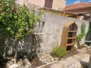 アンティーブにあるMaison du claretの木のあるコンクリートの壁に立てかけられた木製のはしご