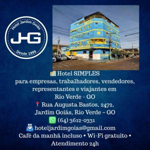 a flyer for a hotel with a blue building at Hotel Jardim Goiás in Rio Verde