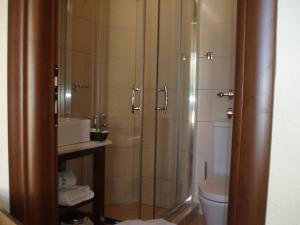 a bathroom with a shower and a toilet at Blue Green Bay in Panormos Skopelos