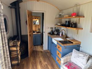 Acorn Hideaway في كانتربيري: مطبخ صغير مع دواليب زرقاء وموقد