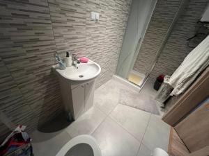een badkamer met wastafel, douche en toilet bij Oławska 1A mieszkanie in Środa Śląska
