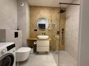 a bathroom with a sink and a toilet and a mirror at Jarzebinowa Loft III by JumpInHere in Nowy Dwór Mazowiecki +4 photos