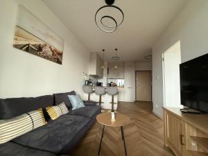 a living room with a couch and a tv at Jarzebinowa Loft III by JumpInHere in Nowy Dwór Mazowiecki