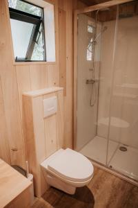 a small bathroom with a toilet and a shower at Domaine St-Amand in Saint-Amand-de-Coly +23 photos