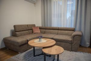 a living room with a couch and a table at Phenix Apartments Lux Parking FREE in Podgorica