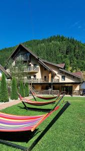 a group of hammocks sitting in the grass in front of a house at Pensiunea El Monte SPA in Rucăr