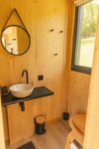 un baño con lavabo y espejo en Parcel Tiny House I Richecourt vue Prairie, en Mesbrecourt-Richecourt