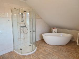 un bagno con doccia e vasca da bagno di Apartment Drachennest mit Kochnische & Bad a Swisttal